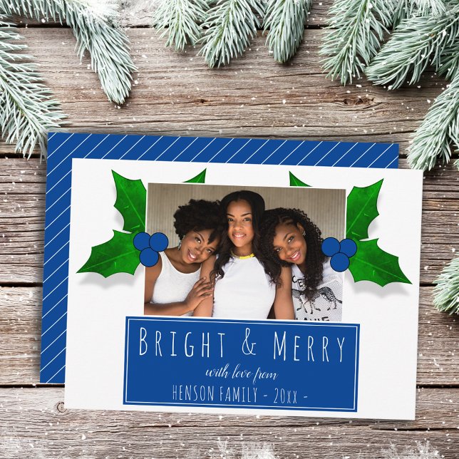 Cartes Pour Fêtes Annuelles Holly Berry Plante Feuille photo bleue (Créateur téléchargé)