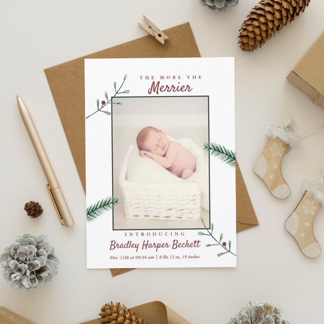 Cartes Pour Fêtes Annuelles Holly Branches Nouveau bébé Photo Naissance de Noë (Créateur téléchargé)