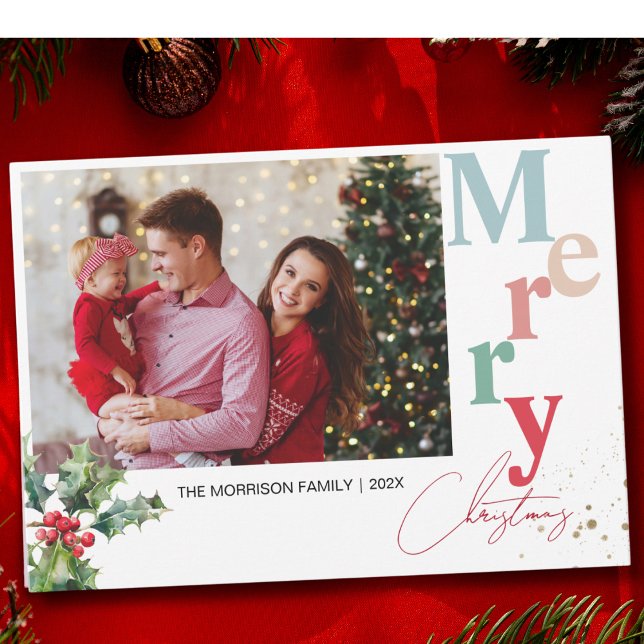 Cartes Pour Fêtes Annuelles Holly Branches une photo de famille Noël (Créateur téléchargé)