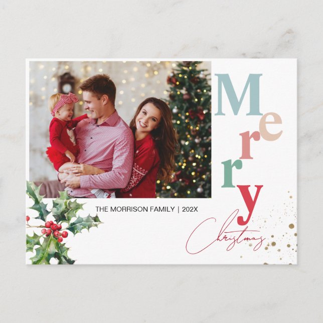 Cartes Pour Fêtes Annuelles Holly Branches une photo de famille Noël (Devant)