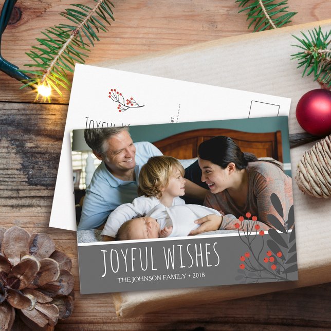 Cartes Pour Fêtes Annuelles Holly et Berries Joyeux voeux Noël Photo (Holly and Berries Joyful Wishes Christmas Photo Holiday Postcard)