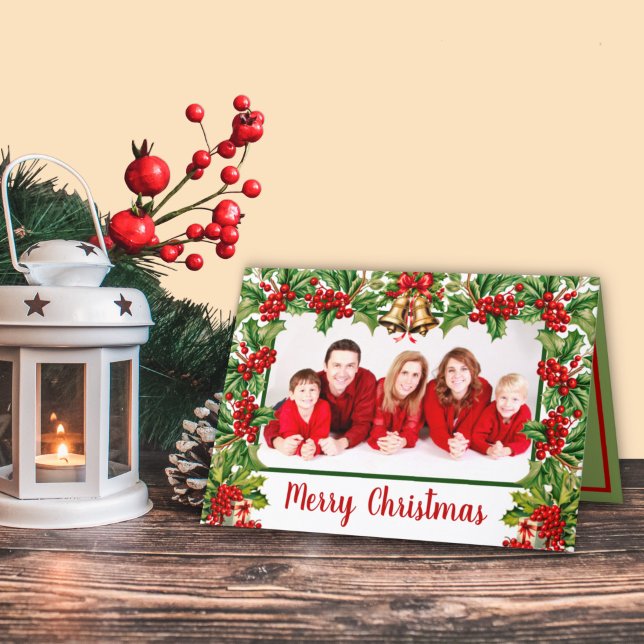 Cartes Pour Fêtes Annuelles Holly Feuilles et Berries Joyeux Noël Photo (Créateur téléchargé)