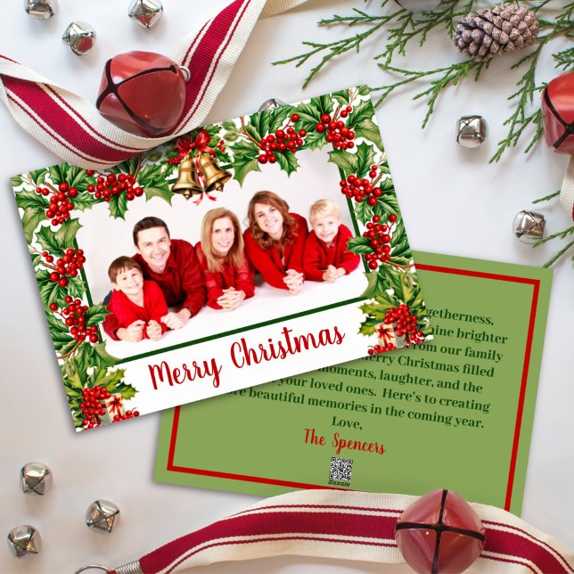Cartes Pour Fêtes Annuelles Holly Feuilles et Berries Joyeux Noël Photo (Créateur téléchargé)