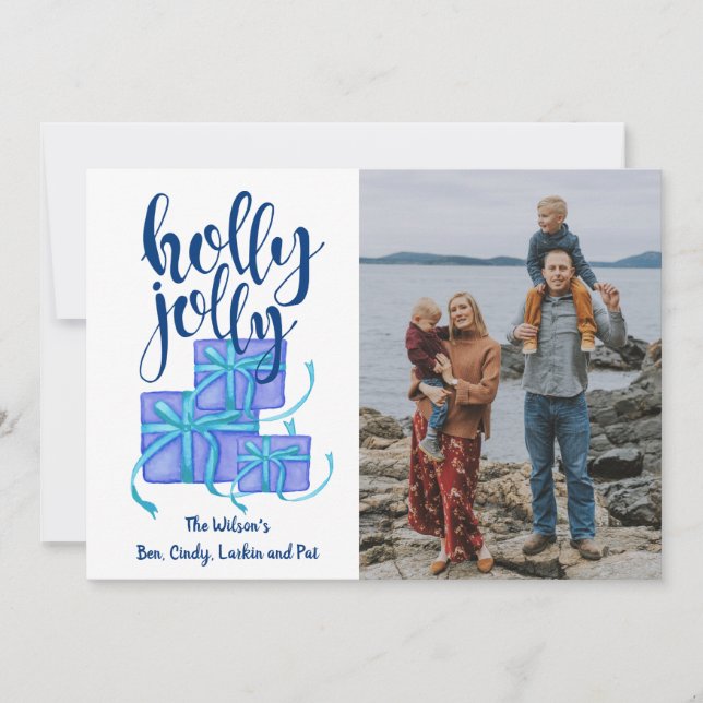 Cartes Pour Fêtes Annuelles Holly Jolly Cadeaux Blue Custom Photo Holiday Card (Devant)