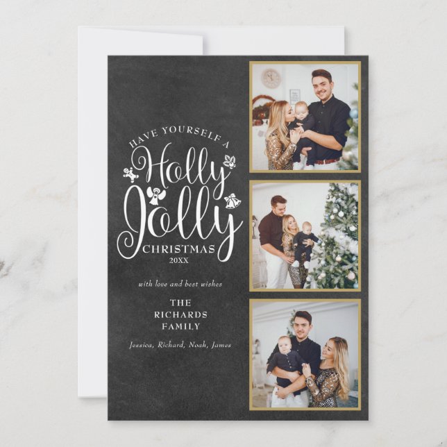Cartes Pour Fêtes Annuelles Holly Jolly Chalkboard 3 Photo Collage (Devant)
