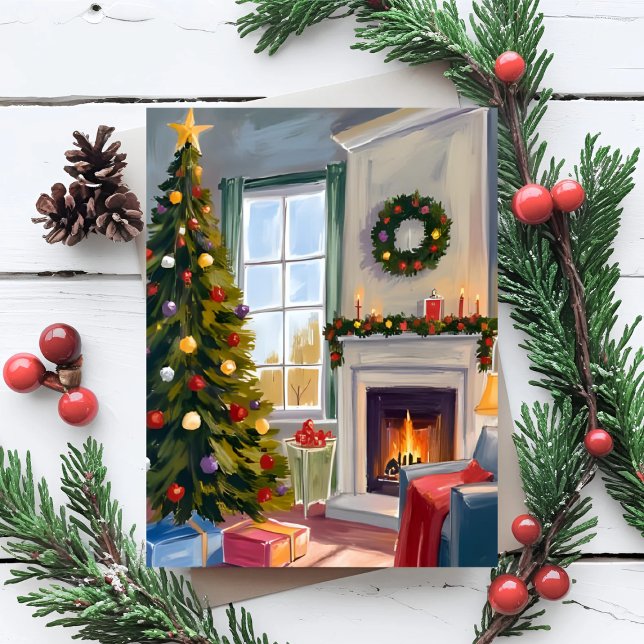 Cartes Pour Fêtes Annuelles Holly Jolly Christmas | Fireplace Tree Merry (Créateur téléchargé)