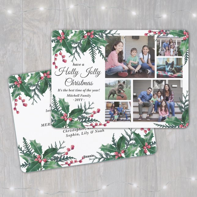 Cartes Pour Fêtes Annuelles Holly Jolly Christmas Greenery 6 Photo Collage (Créateur téléchargé)