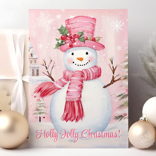 Cartes Pour Fêtes Annuelles Holly Jolly Christmas mignon Snowman rose