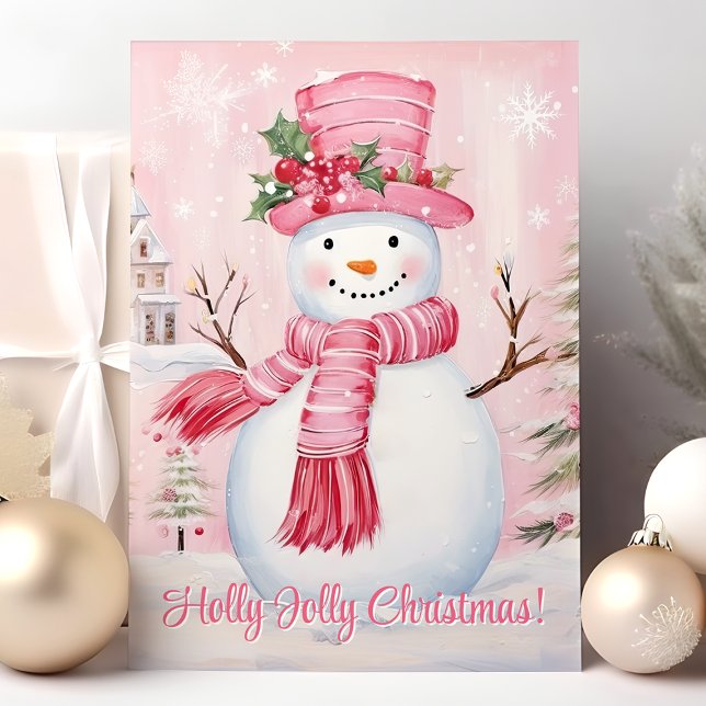 Cartes Pour Fêtes Annuelles Holly Jolly Christmas mignon Snowman rose (Créateur téléchargé)