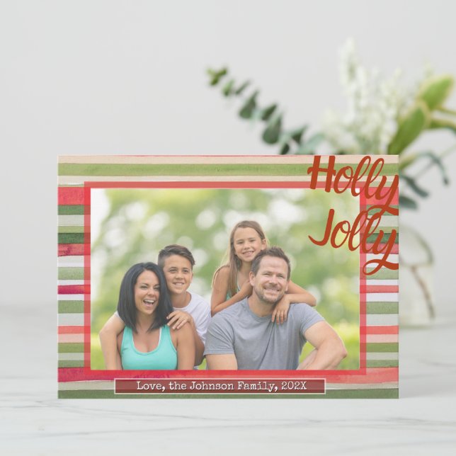 Cartes Pour Fêtes Annuelles Holly Jolly Christmas Photo Card Festive Stripes (Debout devant)