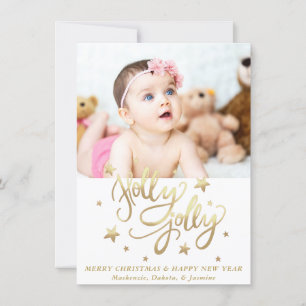 Cartes Pour Fêtes Annuelles Holly Jolly   Élégant script de faux or