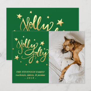 Cartes Pour Fêtes Annuelles Holly Jolly   Élégante photo de script de faux or