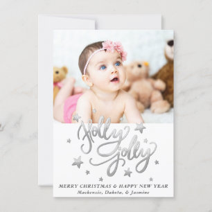 Cartes Pour Fêtes Annuelles Holly Jolly   Élégante photo Faux Foil Argent