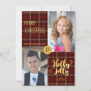 Cartes Pour Fêtes Annuelles Holly Jolly Gold Script Tartan 2 Photos Christmas