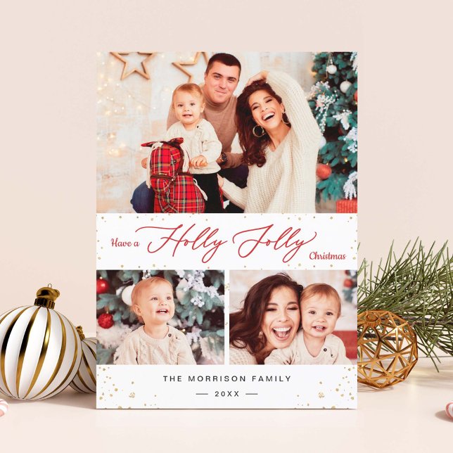 Cartes Pour Fêtes Annuelles Holly Jolly Noël Chic Gold Confetti 3 Photo (Créateur téléchargé)