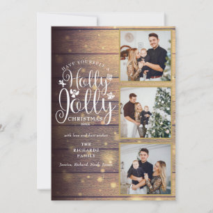 Cartes Pour Fêtes Annuelles Holly Jolly Rustic Wood 3 Photo Collage