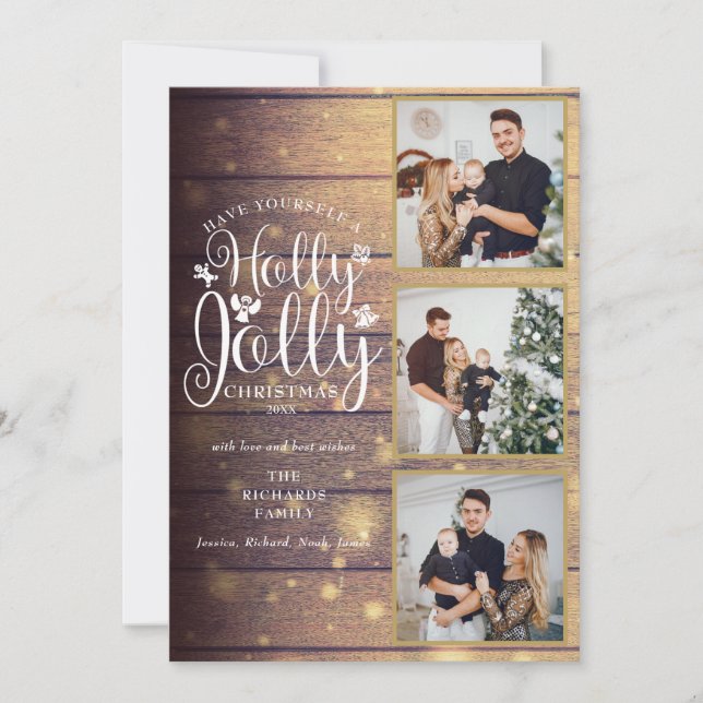 Cartes Pour Fêtes Annuelles Holly Jolly Rustique Bois 3 Collage de Photos (Devant)