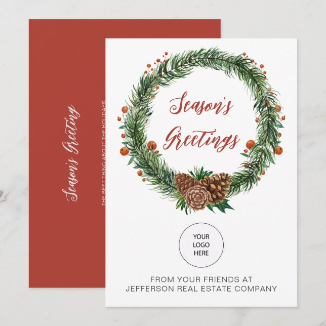 Cartes Pour Fêtes Annuelles Holly Pine Wreath Company Logo Entreprise (Devant / Derrière)