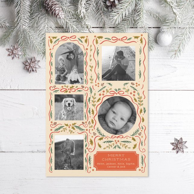 Cartes Pour Fêtes Annuelles Holly Red Ribbon Noël Photo Collage (Créateur téléchargé)