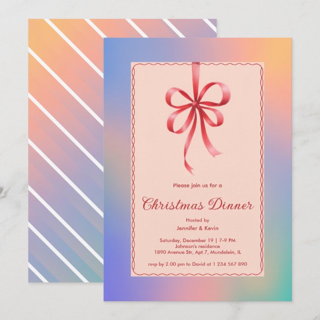 Cartes Pour Fêtes Annuelles Holographique Bow rouge Élégant dîner de Noël (Devant / Derrière)