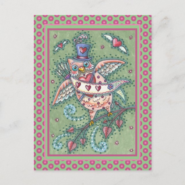 CARTES POUR FÊTES ANNUELLES HOOTS BLANCS N' COEURS CUPID OWL VALENTINE (Devant)