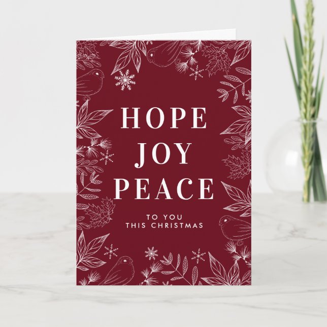 Cartes Pour Fêtes Annuelles Hope Joy Peace Doves & Feuilles Red Religieux (Devant)