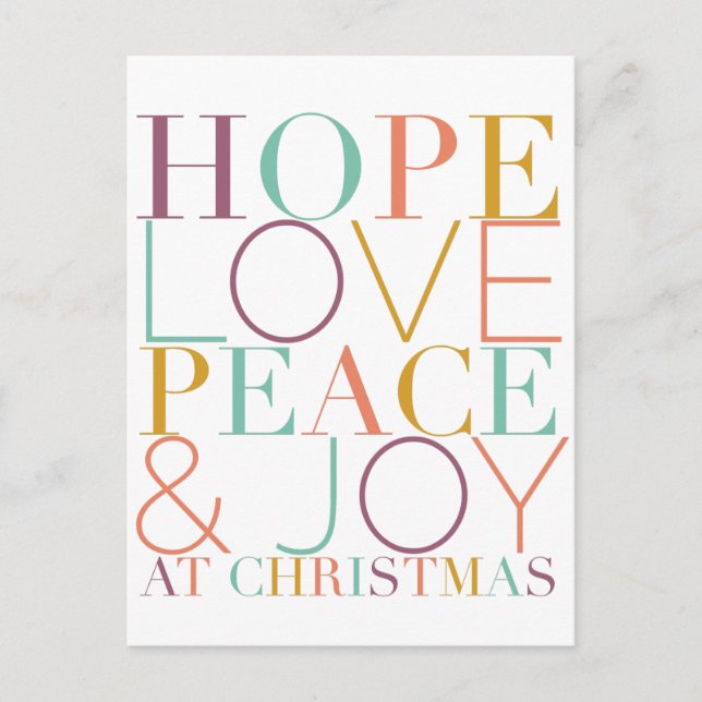 Cartes Pour Fêtes Annuelles Hope Love Peace & Joy à Noël (Devant)
