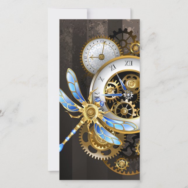 Cartes Pour Fêtes Annuelles Horloge à vapeur avec libellule mécanique (Devant)