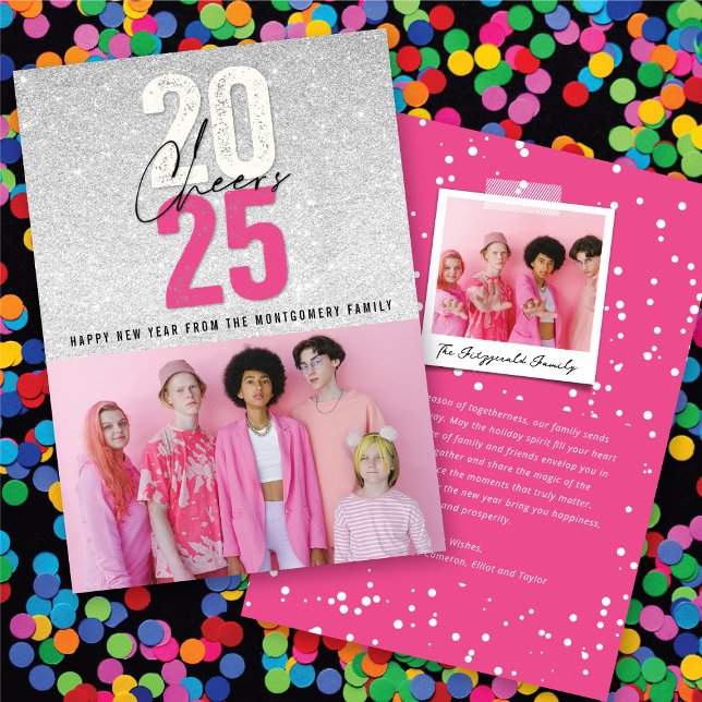 Cartes Pour Fêtes Annuelles Hot Pink Cheers 2025 Parties scintillant Chic New  (Hot Pink Cheers 2025 Glitter Chic New Year Photo Holiday Card @ fat_fa_tin)