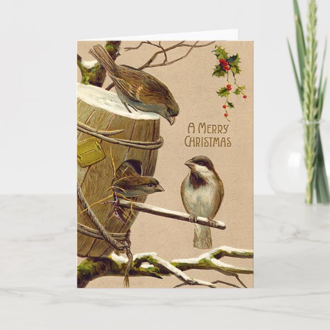 Cartes Pour Fêtes Annuelles Houx de volière de moineau d'oiseau de Noël (Devant)