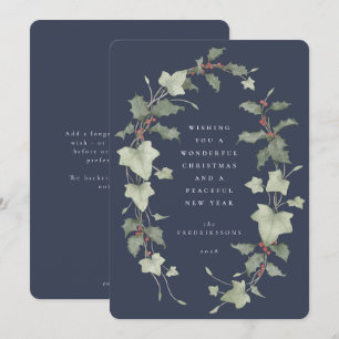 Cartes Pour Fêtes Annuelles Houx et lierre aquarelle bleu désaturé