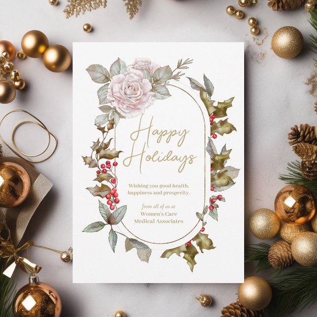 Cartes Pour Fêtes Annuelles Houx Féminins Toujours Verts et Roses Entreprise (An elegant holiday card for businesses serving women.)