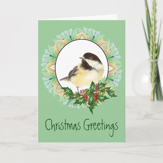 Cartes Pour Fêtes Annuelles Houx gai d'oiseau de Chickadee d'aquarelle de Noël (Devant)