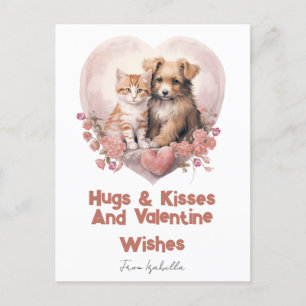 Cartes Pour Fêtes Annuelles Hugs et baisers Chat Chien Valentines Pink Card