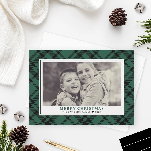 Cartes Pour Fêtes Annuelles Hunter Green Tartan Plaid Joyeux Noël Photo (Créateur téléchargé)