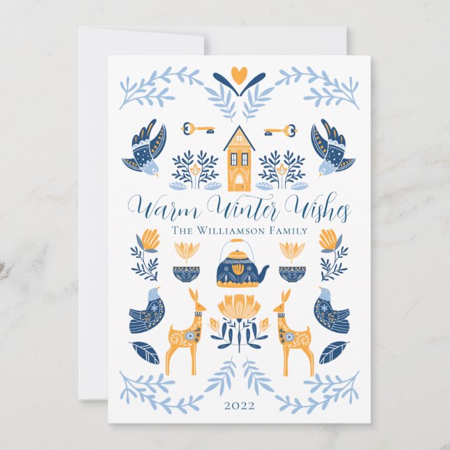 Cartes Pour Fêtes Annuelles Hygge Bleu | Jaune Vœux de Chaleureux Hiver Unique (Devant)