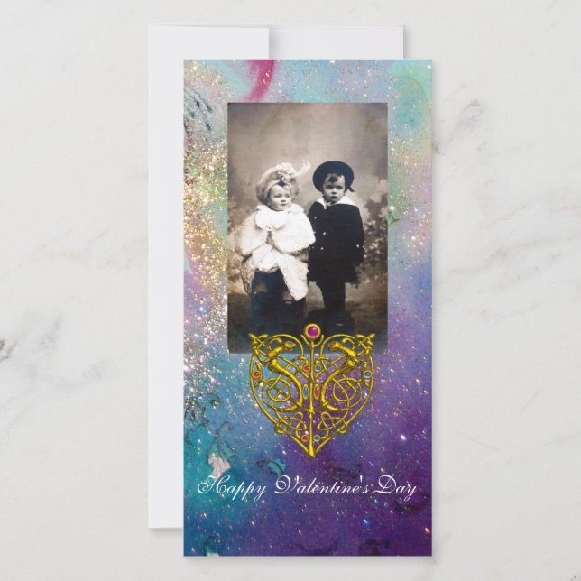 Cartes Pour Fêtes Annuelles HYPER VALENTINE, Étincelles d'or bleu vert (Devant)