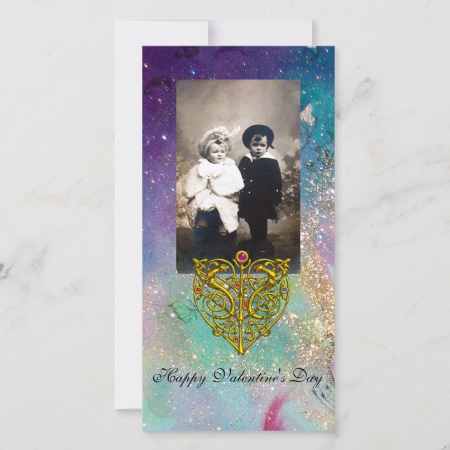 Cartes Pour Fêtes Annuelles HYPER VALENTINE, Étincelles d'or bleu vert (Devant)