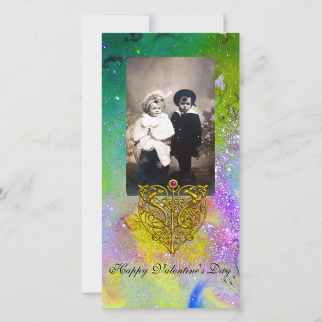 Cartes Pour Fêtes Annuelles HYPER VALENTINE, Étincelles d'or vert pourpre (Devant)