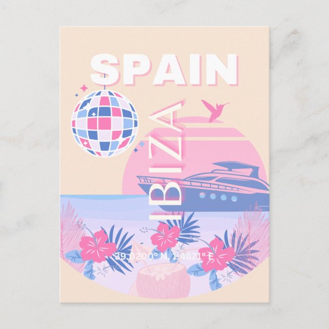 Cartes Pour Fêtes Annuelles Ibiza, Espagne, Art Voyage, Art Preppy, Rose, Past (Devant)