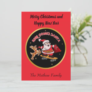 CARTES POUR FÊTES ANNUELLES ICI VIENT PÈRE NOËL SUR SKATEBOARD NOËS