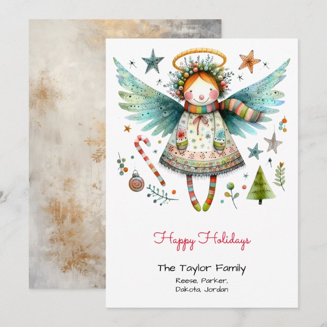 Cartes Pour Fêtes Annuelles Illustration d'ange fantaisiste Joyeuses Fêtes (Devant / Derrière)