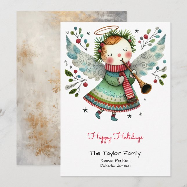 Cartes Pour Fêtes Annuelles Illustration d'ange mignon heureux (Devant / Derrière)