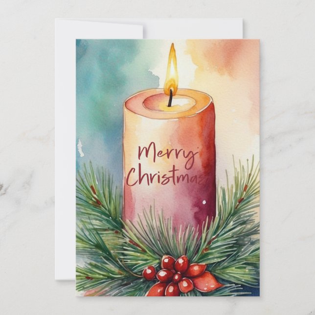 Cartes Pour Fêtes Annuelles Illustration de la bougie de Noël de l'aquarelle (Devant)