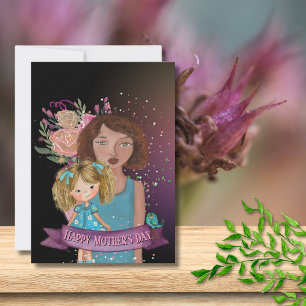 Cartes Pour Fêtes Annuelles Illustration de maman et fille avec fleurs
