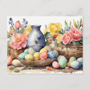 Cartes Pour Fêtes Annuelles Illustration de Pâques à l'aquarelle avec fleurs, 