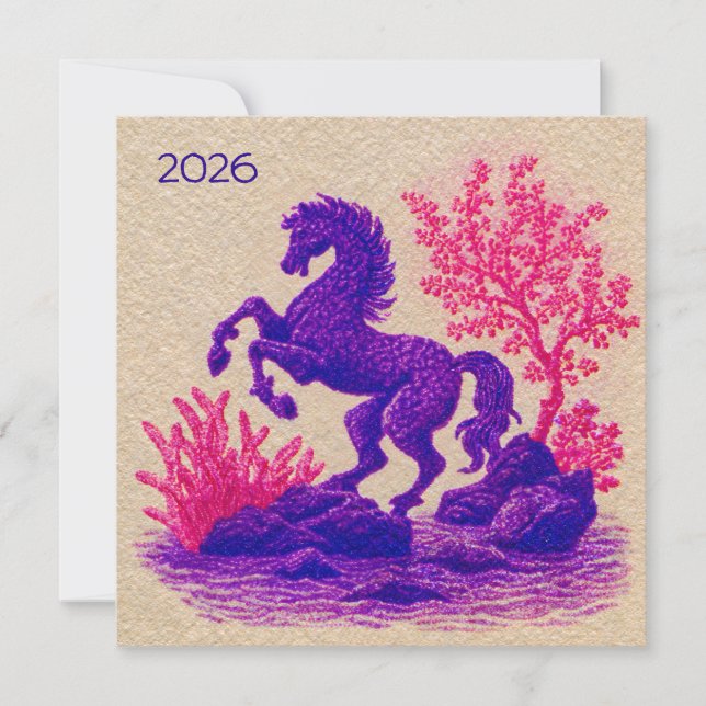 Cartes Pour Fêtes Annuelles Illustration du Cheval Zodiacal Lunaire 2026 (Devant)