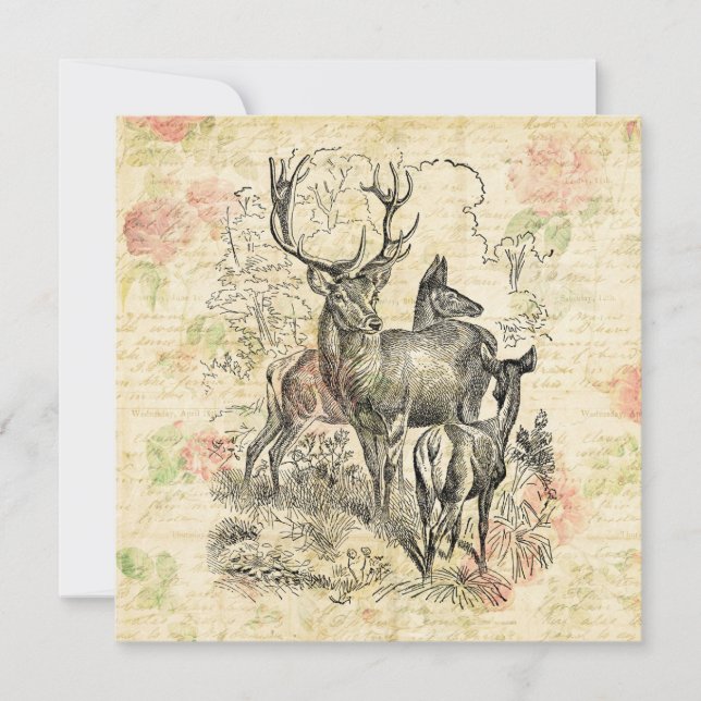 Cartes Pour Fêtes Annuelles Illustration Famille de cerfs Joli script floral (Devant)