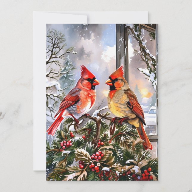 Cartes Pour Fêtes Annuelles Illustration hivernale des Cardinaux rouges de Noë (Devant)