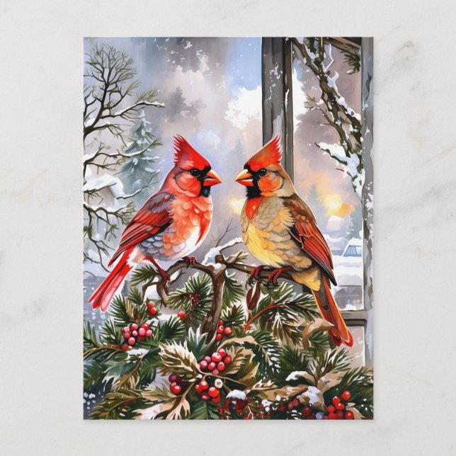 Cartes Pour Fêtes Annuelles Illustration hivernale des Cardinaux rouges de Noë (Devant)